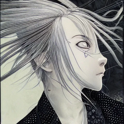 Image similar to Yoshitaka Amano realistic illustration of an anime girl with white hair and cracks on her face wearing dress suit with tie fluttering in the wind, abstract black and white patterns on the background, noisy film grain effect, highly detailed, Renaissance oil painting, weird portrait angle