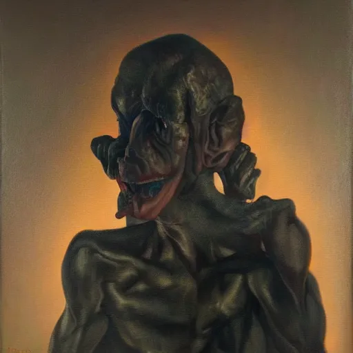 Image similar to Oil painting by Christian Rex Van Minnen of a portrait of an extremely bizarre disturbing mutated man with intense chiaroscuro lighting perfect composition