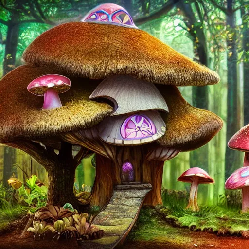 Image similar to Mushroom treehouse village, fairy, magical, mystical, realistic, 4k