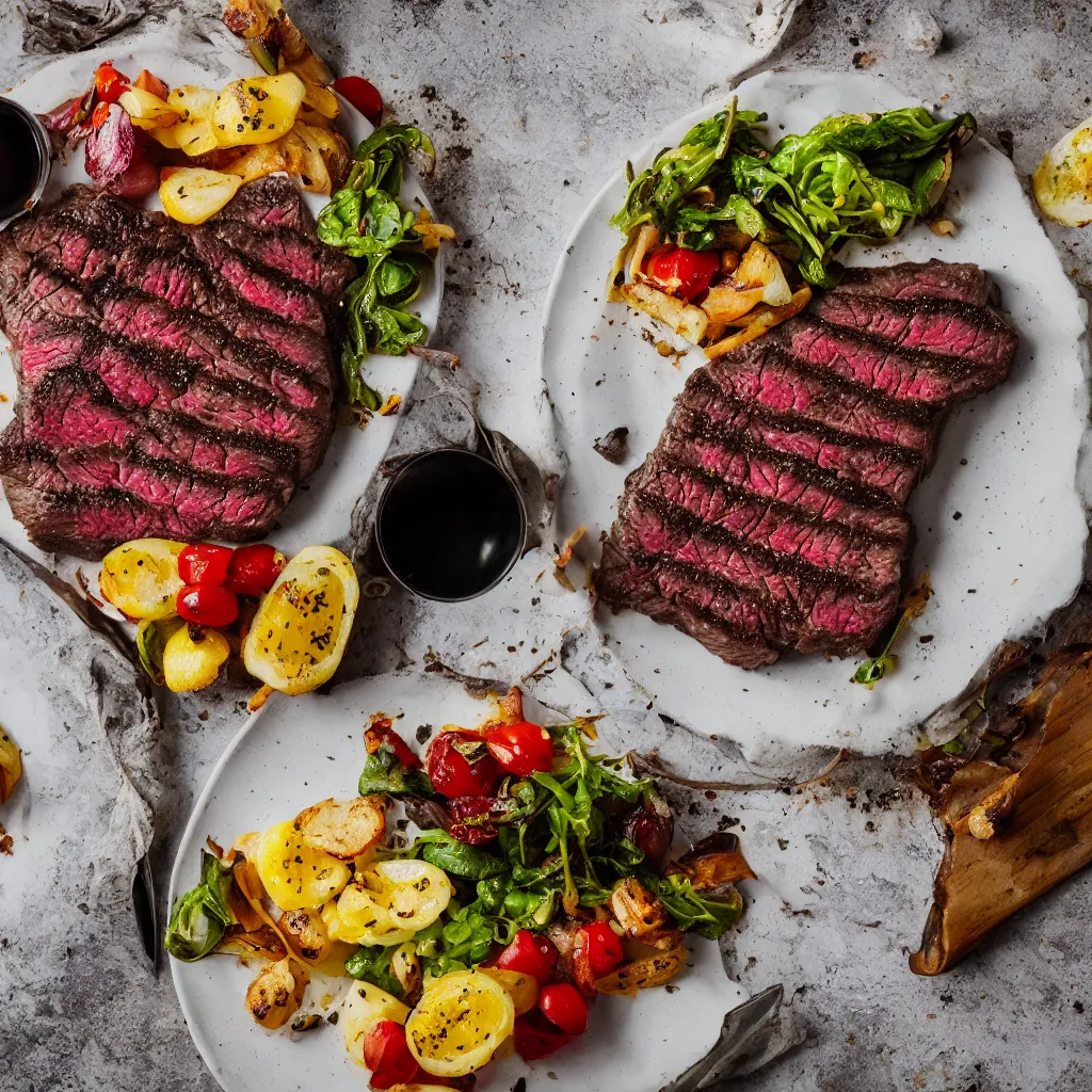 Prompt: a delicious steak, food photography