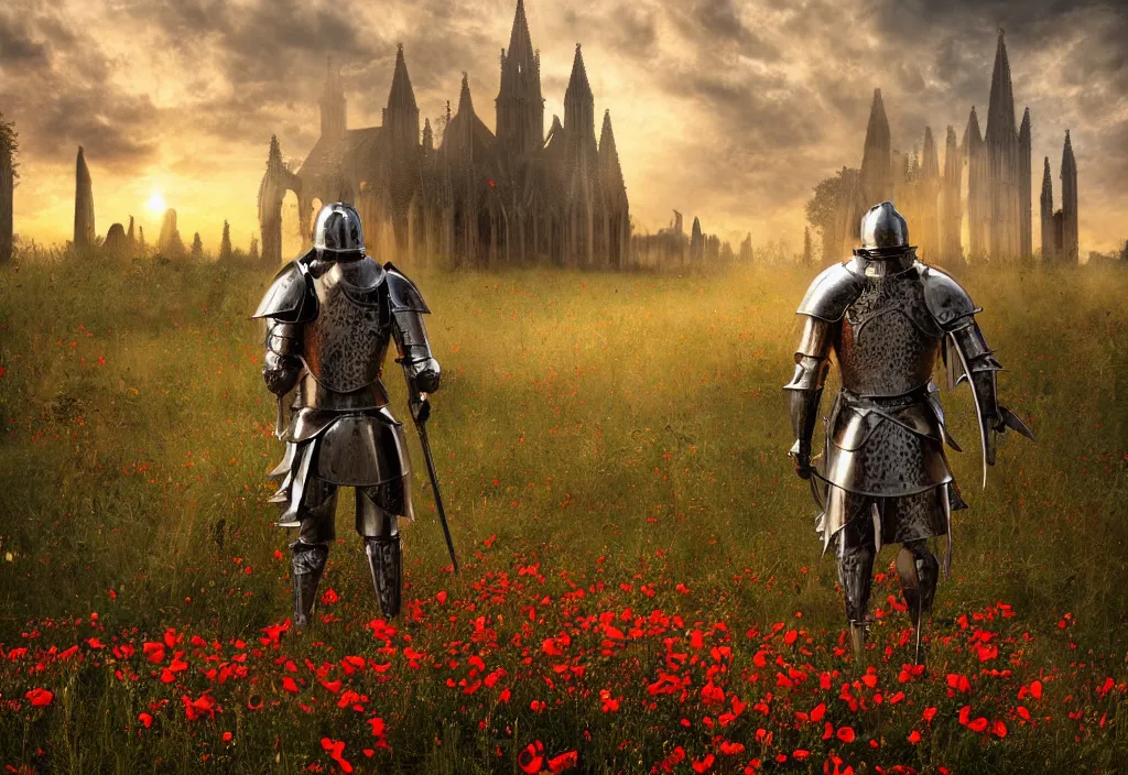 Prompt: a knight in battle worn armor seen from behind, in a field of poppies, in front of ruins of a gothic church, a dense forest surrounding the field, sunset, spread out clouds, highly detailed, digital art