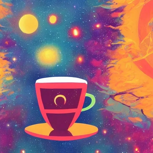 Image similar to dreaming the cosmic coffee, absolute colorful spiritual awakening through the drinking of golden rich subtle coffee, delicious illustration greg rutkowsky, trending on ArtStation high quality wallpaper,