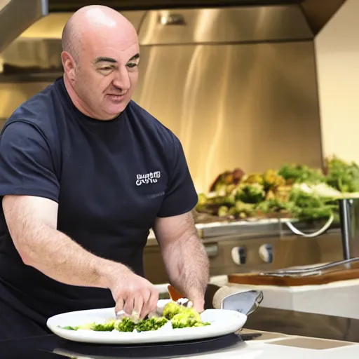 Prompt: Cook Chief Kevin O'Leary cooking a greek salad, in Shark Tank (2016)