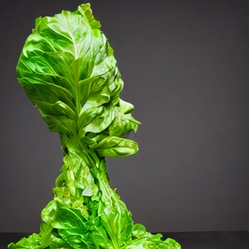 Image similar to sculpture of a bodybuilder made entirely from fresh lettuce, by antoni gaudi, studio lighting, 8 k, high quality, professional photography