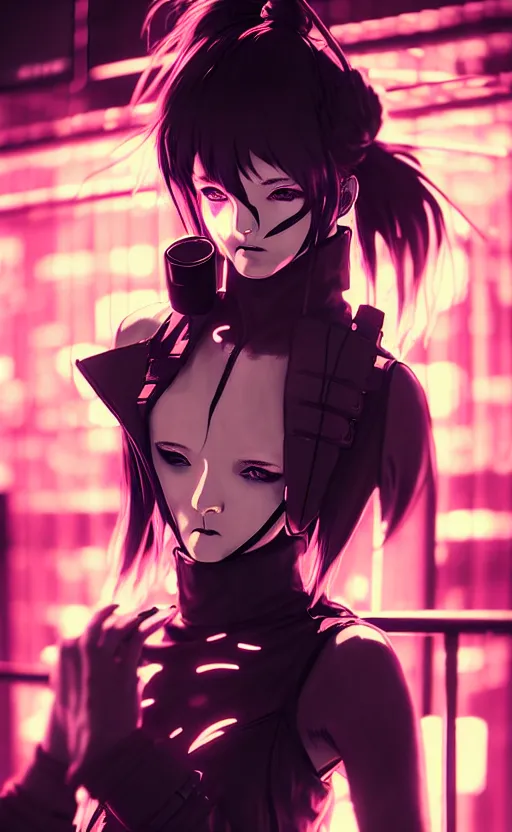 Image similar to cyberpunk anime girl sit in a night bar, cyberpunk oni mask, 3 / 4 shot, street night, beautiful face, grafity, arcane, detail, good face, pose model, concept art, in style of yoji shinkawa, pan ren wei, col price, atey ghailan, by greg rutkowski, aesthetic, digital painting, 3 d