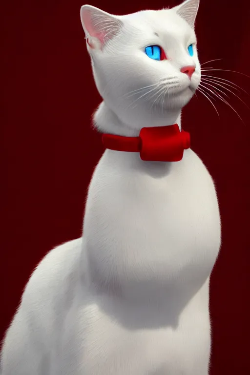 Image similar to a white cat with blue eyes wearing a red formal overcoat, hyperrealistic, concept art, octane render, unreal engine 5, realistic and defined face, profile picture, digital art, pixar and disney style, symmetrical, high quality, highly detailed, high coherence, path traced, house background, low contrast, beautiful