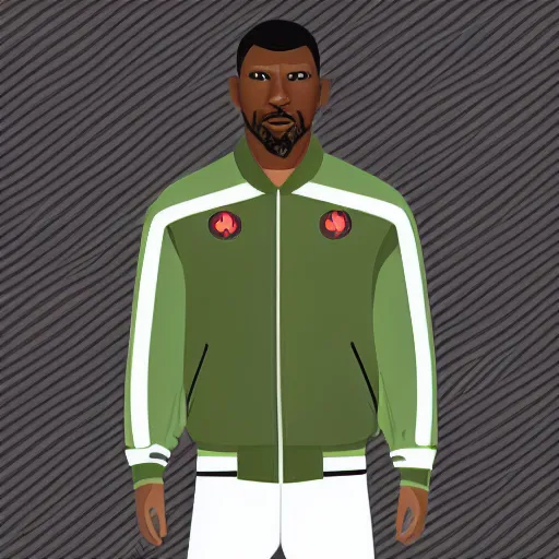 Image similar to vector art of a black man with afro hair and raspy bear stubble, wearing an army green adidas jacket, high quality, minimalist