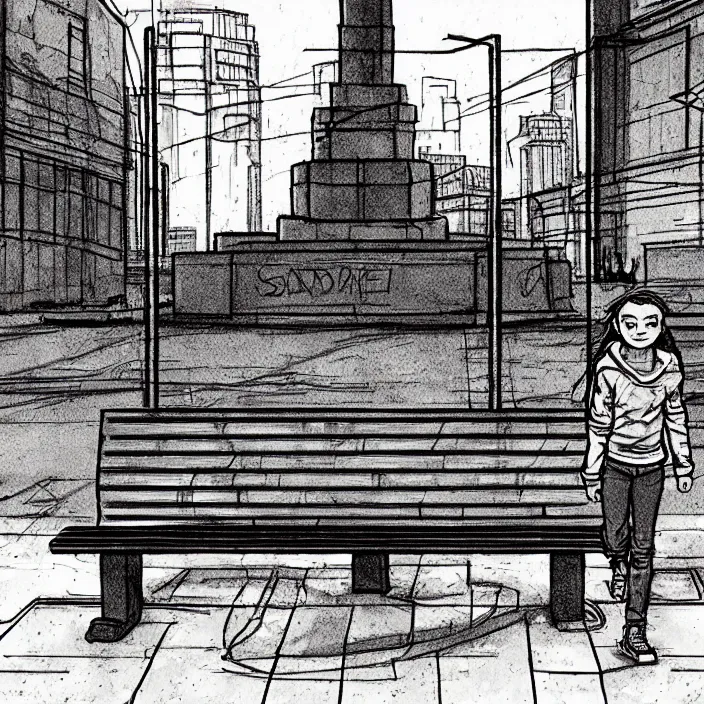 Prompt: storyboard : sadie sink in hoodie sat down on bench in ruined square, pedestrians walk by, old soviet monument nearby. scifi cyberpunk. drawn by gabriel hardman. cinematic atmosphere, detailed and intricate, perfect anatomy