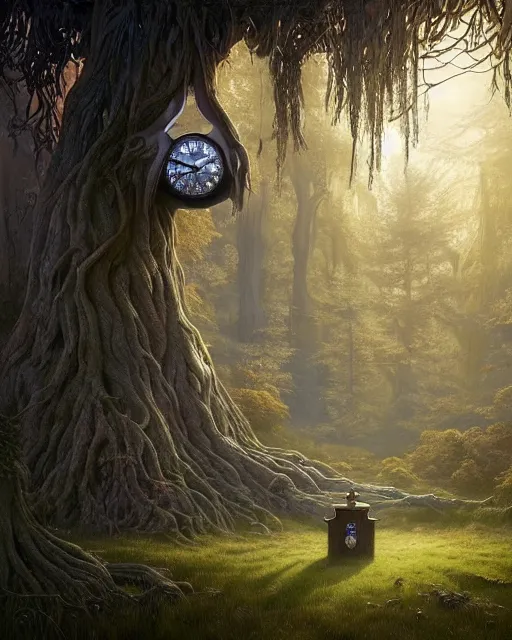 Image similar to highly detailed surreal vfx portrait of a cursed grandfather clock in a shadowy forest by a willow tree, stephen bliss, unreal engine, greg rutkowski, loish, rhads, beeple, makoto shinkai and lois van baarle, ilya kuvshinov, rossdraws, tom bagshaw, alphonse mucha, global illumination, detailed and intricate environment