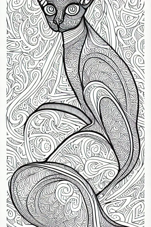 Image similar to sphynx cat statue ornaments fractal ink drawing line art colouring page, vector, margins, fine lines, centered