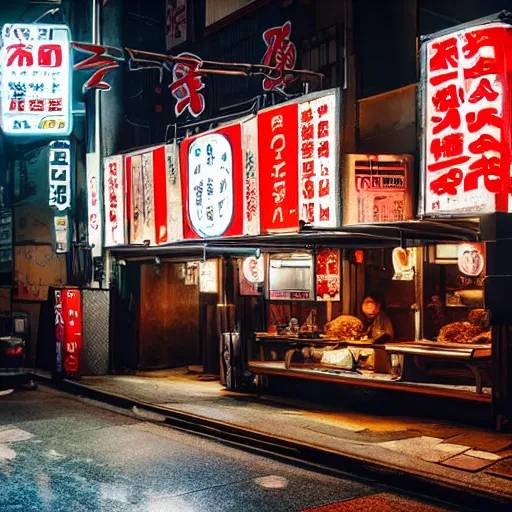 Image similar to a street ramen shop in japan, at night, cinematic dramatic lighting, light comes from billboards, moody atmosphere, very aesthetic, in the style of edward hopper, 4 k,