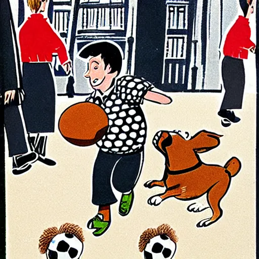 Image similar to book illustration of a french boy on the streets of paris playing football against a corgi, the dog is wearing a polka dot scarf, 1 9 6 6