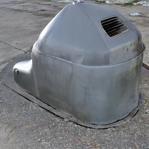 Prompt: dry dock concrete clamshell grill garbage can on an abandoned shiny chromeplated dented angular sharp mini vehicle hull,