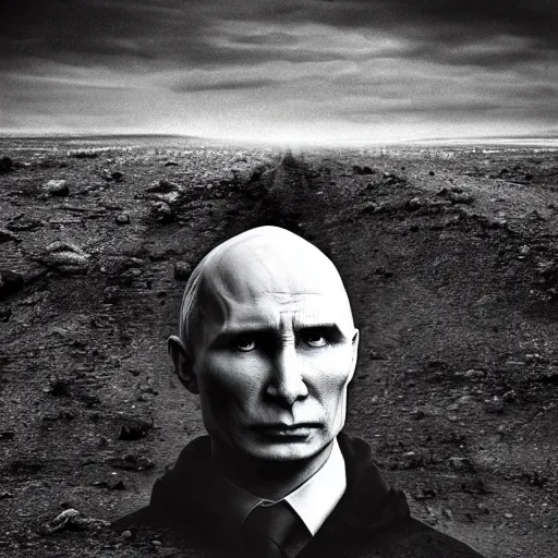 Prompt: voldemort putin as a dementor slowly slithering across a barren desert wasteland and melting into the darkness around him, slug, hd face photo, 8k, surrealism, painting, ultra realistic, moody, foggy, desolate, forlorn, sad, decrepit ruins, twisted gnarled trees, broken castles, hungering void