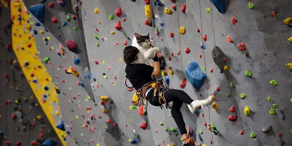 Image similar to an award winning wide photo of, a professional chambionship rock climbing cat, drinking a cup of coffee, and holding onto a rop on an indoor rock climbing wall