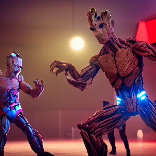 Image similar to groot and optimus prime dancing at techno party among people, wide shoot, octane render, ultra realistic