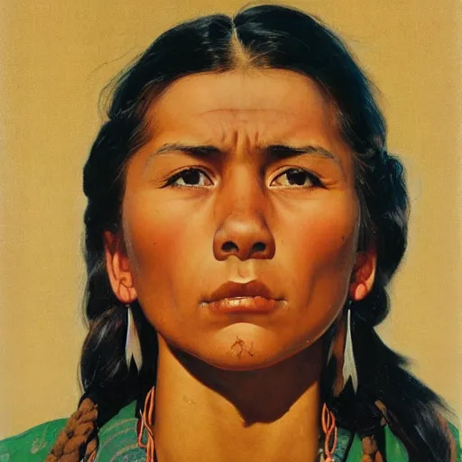 Prompt: head and shoulders portrait of young native american woman, snarling, looking up, clothed, three quarter profile, norman rockwell, ryan pancoast