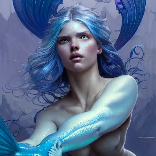 Prompt: surprised blue-skinned mermaid, looking down at hand in shock, dramatic, action shot, wide angle shot, D&D fantasy magic, intricate, highly detailed, digital painting, artstation, smooth, sharp focus, illustration, art by artgerm and greg rutkowski and alphonse mucha
