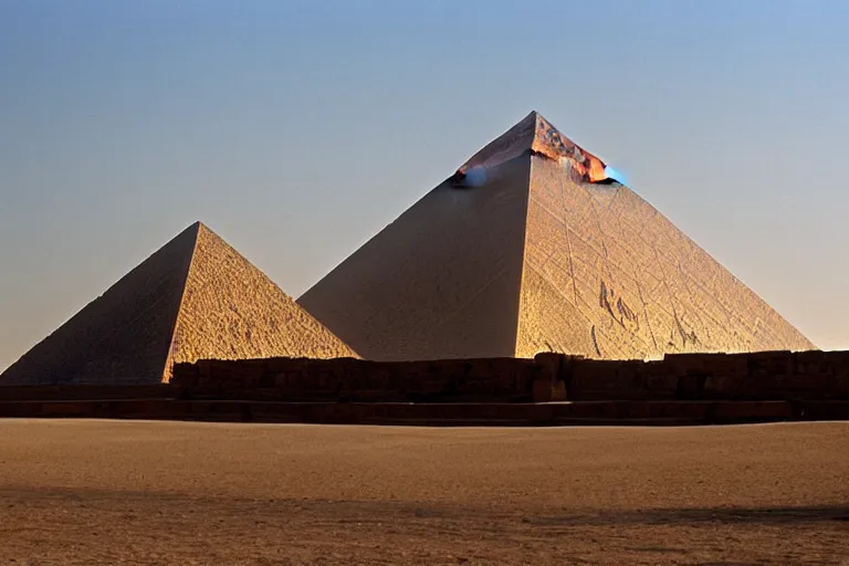 Prompt: The Louvre Pyramid, built in the Egyptian desert, designed by I.M. Pei, with the Pyramid of Khufu and the Great Sphinx of Giza in the background.