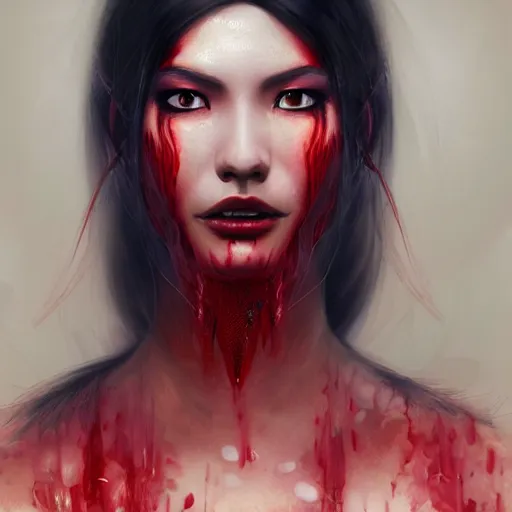 Image similar to portrait of burning asian woman, fire, blood red eyes, open mouth, vampire fangs, fantasy, intricate, elegant, highly detailed, digital painting, artstation, concept art, matte, sharp focus, illustration, octane render, unreal engine, art by aenaluck and roberto ferri and greg rutkowski, epic fantasy, digital painting