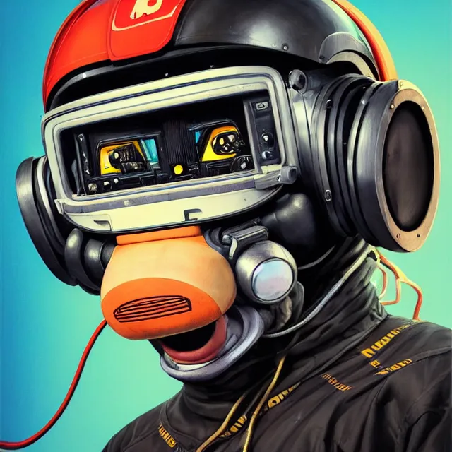 Image similar to a portrait of an anthropomorphic cyberpunk chimp in a racing helmet by sandra chevrier, detailed render, tape deck, boombox, headphones, epic composition, cybernetics, 4 k realistic, cryengine, realistic shaded lighting, sharp focus, masterpiece, by matteo scalera, gary montalbano, peter elson in the style of the tokyo ghost comic