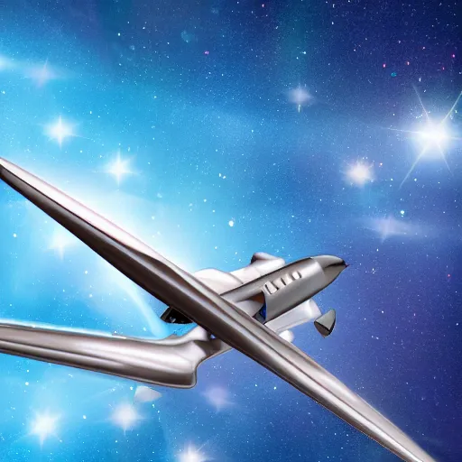 Prompt: shiny 50s bimotor plane flying in space, stars in the background, 4k high resolution photography, intricate details, award winning space photography