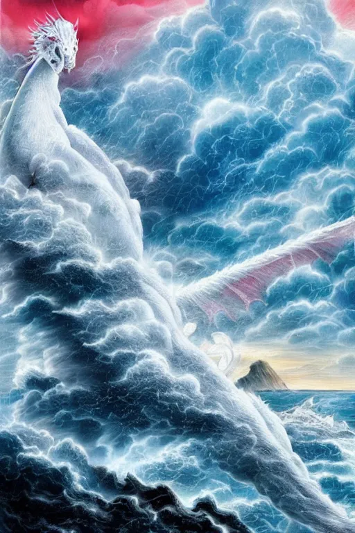 Prompt: Japanese poster art of a white dragon in front of the sea during a storm, cliffs, clouds, thunder, 4k, colourful