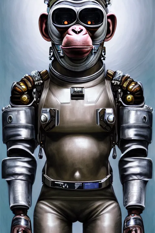 Image similar to a portrait of a muscular anthropomorphic cyberpunk chimp in spacesuit armor with ensignia on chest plate by sandra chevrier, by jon foster, detailed render, pistol in holster, extremely hyperdetailed, tape deck, epic composition, cybernetics, 4 k realistic, cryengine, realistic shaded lighting, sharp focus, masterpiece, by enki bilal