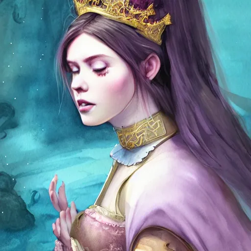 Prompt: beautiful princess, in love, happy, wearing princess medieval robe, wearing a tiara, WLOP, artgerm, Jason Chan, Charlie Bowater, Sergey Kolesov, medieval, fantasy d&d, watercolor on paper, hyper detail portrait, closeup on face, dark pastel castle background