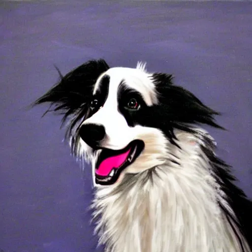 Prompt: a border collie dressed as a woman doing a fashion show in a theater, the audience consists of dogs, acrylic painting p