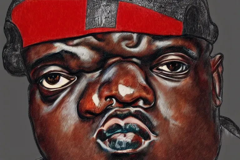 Image similar to a realistic portrait of biggie smalls in style of egon schiele, masterpiece, hyperdetailed, complex, intricate, 4 k, trending on artstation