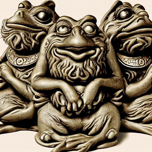 Image similar to feng shui, frog, fantasy, hear no evil, see no evil, speak no evil statues, ultra detailed,