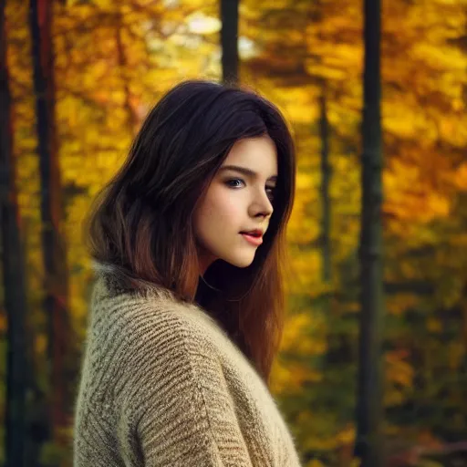 Prompt: real life photo of a beautiful girl, full body photoshoot, long brown hair, brown eyes, full round face, short smile, wool sweater, forest setting, cinematic lightning, medium shot, mid - shot, highly detailed, trending on artstation, unreal engine 4 k, 8 0 mm, 8 5 mm, cinematic wallpaper