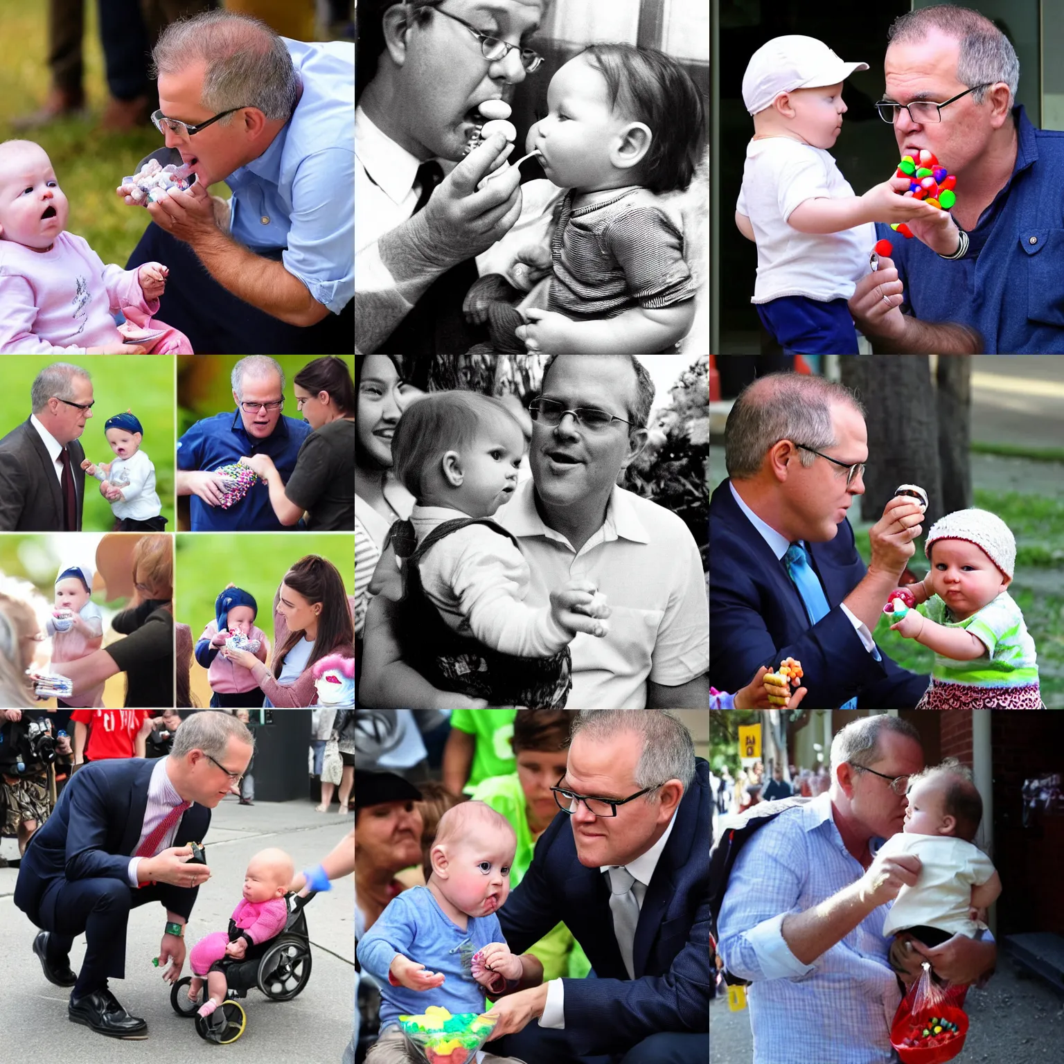 Prompt: paparazzi photo of scott morrison taking candy from a baby, 8 k, highly detailed