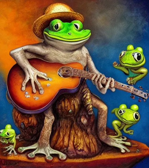 Image similar to a frog playing guitar on a hallucinogenic mushroom justin gerard