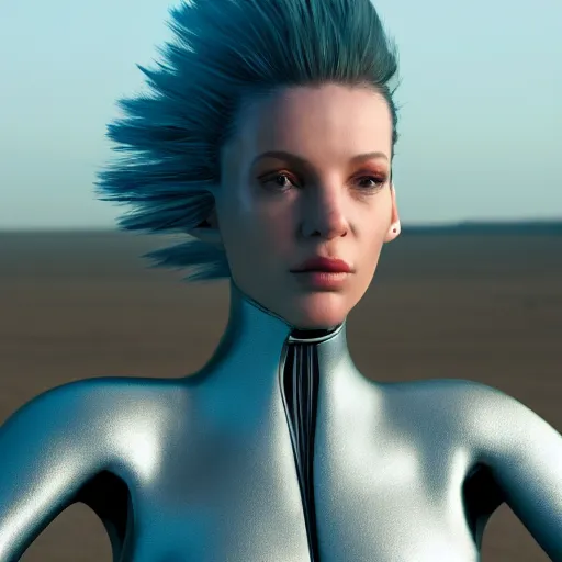 Prompt: a close up of a female woman, synthetic fashion model with large hair, standing on a martian landscape, cinematic movie scene, inspired by the movie the fifth element, by kim jung gi, hyperrealistic, fine details, octane render, volumetric lighting