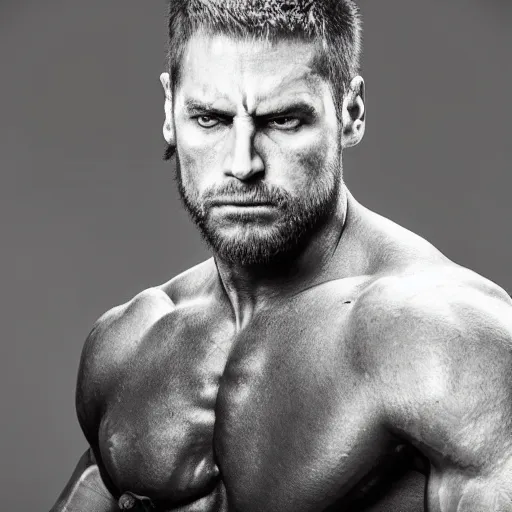 Image similar to handsome portrait of a spartan guy bodybuilder posing, radiant light, caustics, war hero, metal gear solid