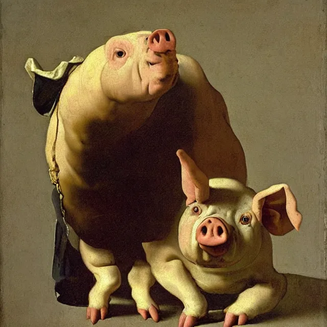 Prompt: baroque painting from 1 6 7 0 of a pig wearing overalls by johannes vermeer, jan vermeer, soft lighting