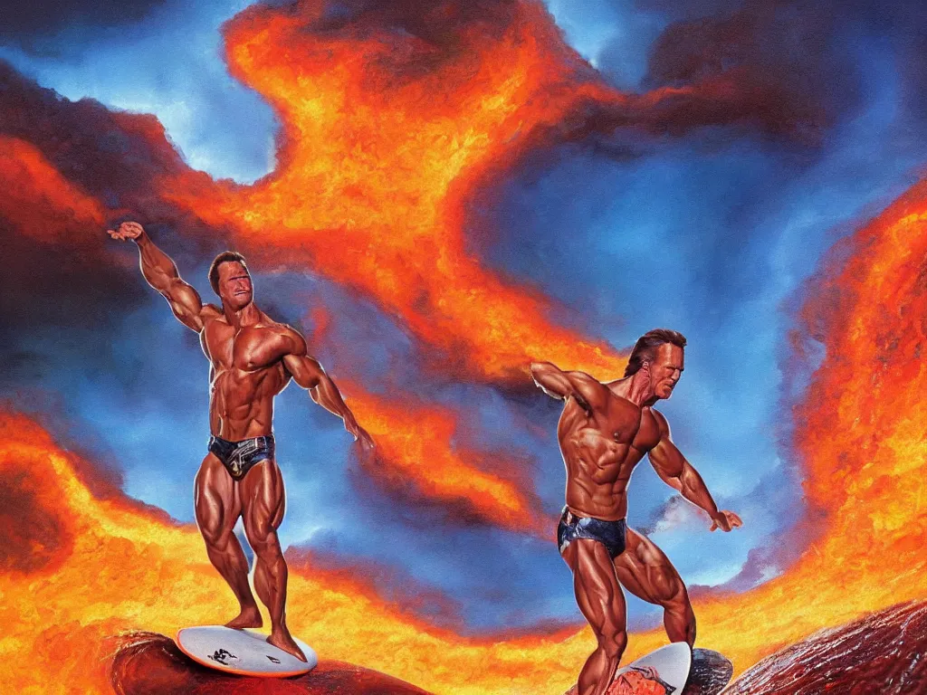 Prompt: detailed full body portrait of an arnold schwarzenegger surfing on lava wave by boris vallejo, fire lake, stunning scene, 8 k, digital painting, hyperrealism, bright colors, trending on artstation
