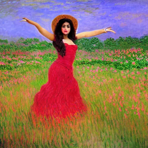 Image similar to beautiful tan mexican woman, landscape, dancing in a field of dragon lily, prominent rosy cheek bones, black hair and brown eyes, monet and da vinchi art style,