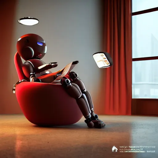 Image similar to futuristic lonely matte brown and red full-body humanoid robot with two huge round expressive sad LED eyes and open rectangular mouth sitting on a large comfortable cushioned 1950s vintage recliner reading a newspaper. open newspaper. Cinematic Movie Photograph, Arri Alexa, Extremely Detailed, smooth, very very clean, 8K, octane render, maya render, unreal engine, trending on artstation, DSLR, excellent composition, center frame