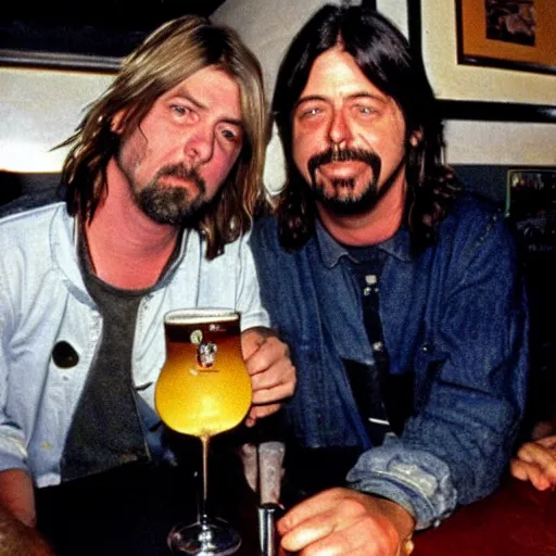 Prompt: Photo of Kurt Cobain and Dave Grohl sharing a beer in a bar