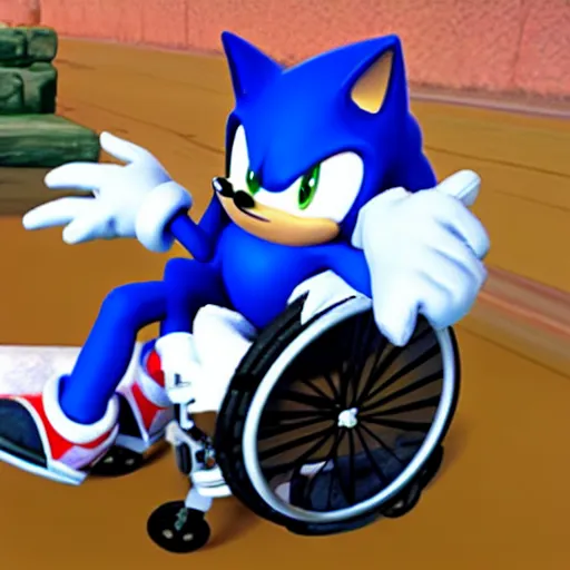 Image similar to geriatric sonic the hedgehog in a wheelchair, Sega video game