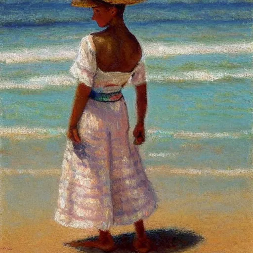 Image similar to by maximilien luce khaki, pastel white composed. the painting of a young girl in a traditional hula outfit. she is standing on a surfboard in front of a beautiful ocean landscape.