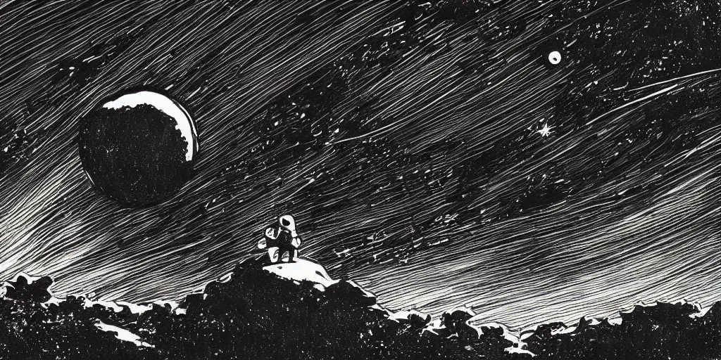 Prompt: ink lineart drawing of a planet, looming over an astronaut's shoulder, wide angle, space background, artstation, etchings by goya, chinese brush pen, illustration, high contrast, deep black tones contour