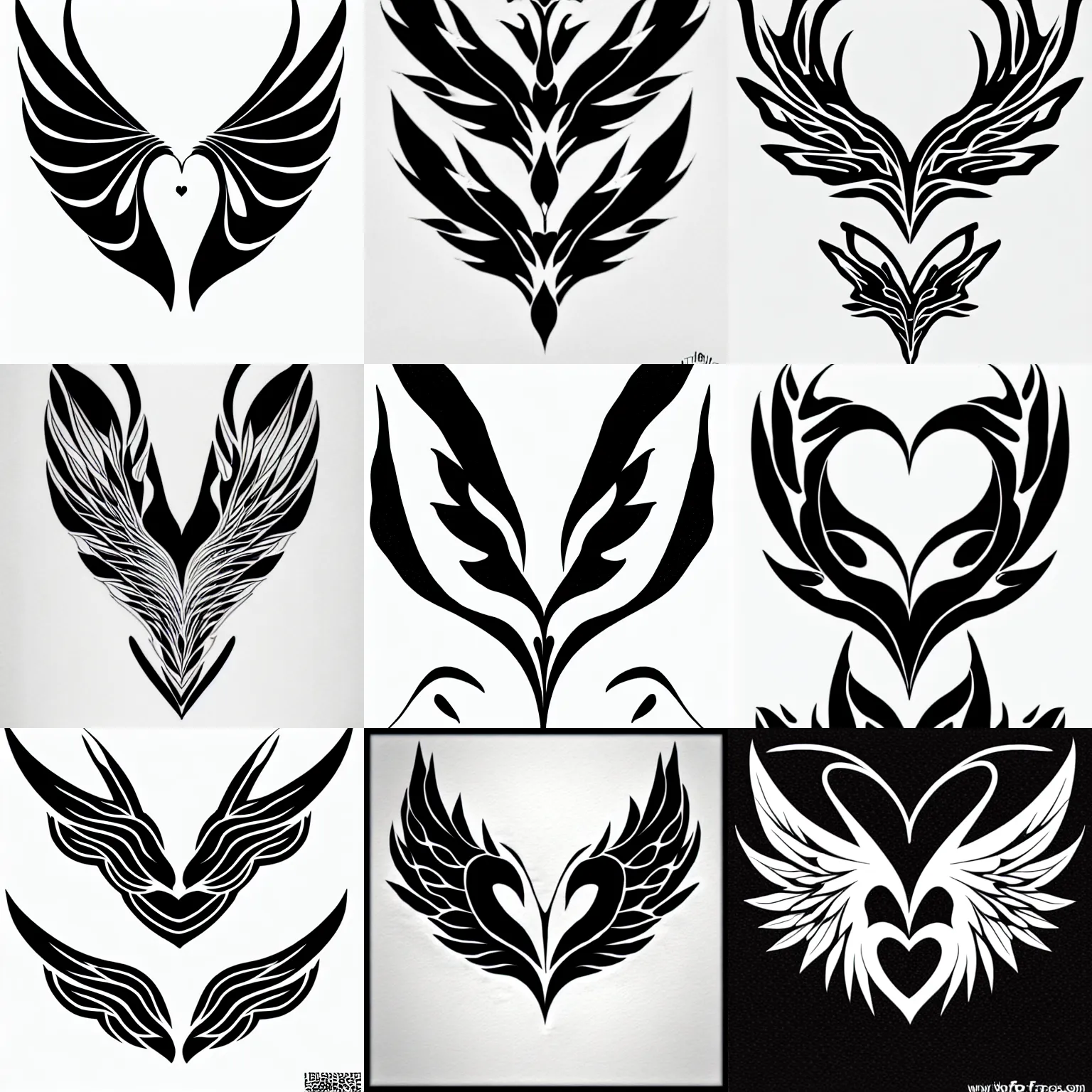 Prompt: tattoo design, Winged-thorny-heart Winged-Fox fractal, simple design on white background, clean black pen drawing