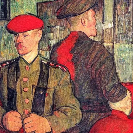 Prompt: modern red berets soldiers inside of a pub, painting by toulouse - lautrec, soldiers wearing tactical clothing, 2 1 st century, cinematic, award winning
