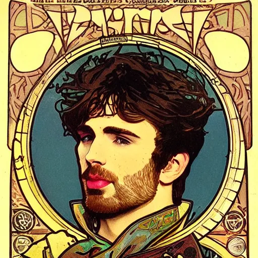 Image similar to chris evans portrait by louis - theophile hingre and alphonse mucha, realistic, sharp focus, zodiac signs, tarot cards, planets, ethereal, art nouveau, magic, moon, sun, crown, dreamy, royal, jewellery