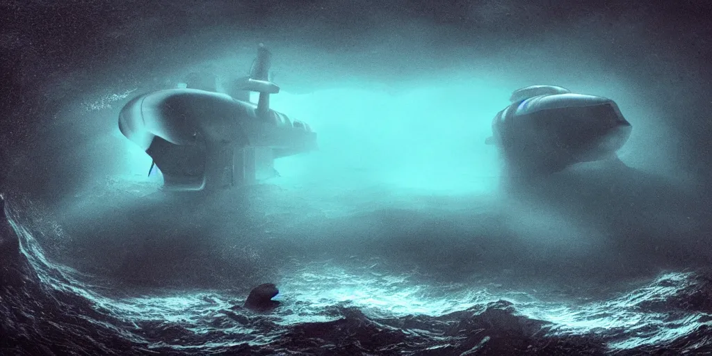 Prompt: a huge underwater creature appearing from the dark next to a submarine illuminating it with headlights, Thalassophobia, hyperrealistic, terrifying, dark, underwater, ocean, scary, shadows, cinimatic, 8k,