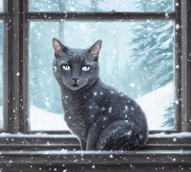 Image similar to A Russian blue cat sitting on a cabin porch overlooking a snowy forest, cold lighting, snowy, atmospheric lighting. By Makoto Shinkai, Stanley Artgerm Lau, WLOP, Rossdraws, James Jean, Andrei Riabovitchev, Marc Simonetti, krenz cushart, Sakimichan, trending on ArtStation, digital art.